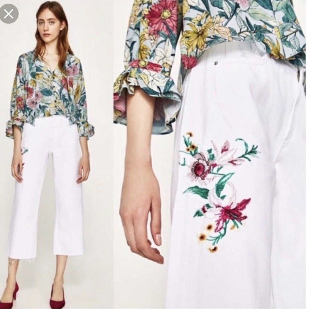 ZARA White Culotte Gauchos Flare Leg Crop Jeans Floral Embroidered White